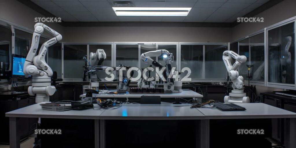 A shot of a university robotics lab with a humanoid robot one