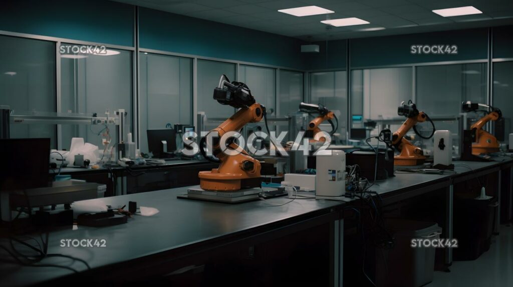 A shot of a university robotics lab with robotic arms and