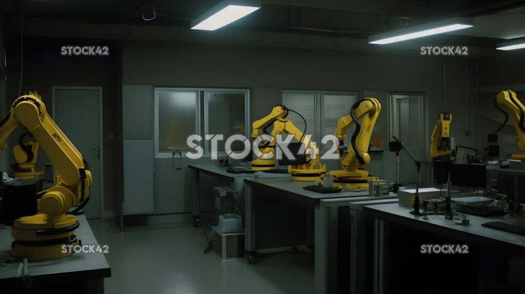 A shot of a university robotics lab with robotic arms and one