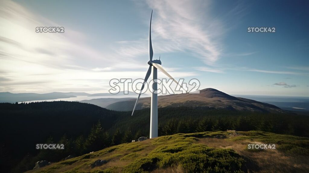 Eine Aufnahme einer Windkraftanlage der Universität auf einer Anhöhe hoch über dem Meer