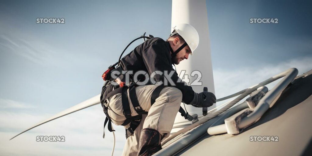 Eine Aufnahme einer Windkraftanlage der Universität mit einem Techniker pro