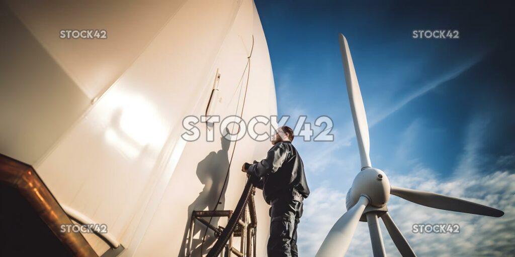 A shot of a university wind turbine with a technician per one