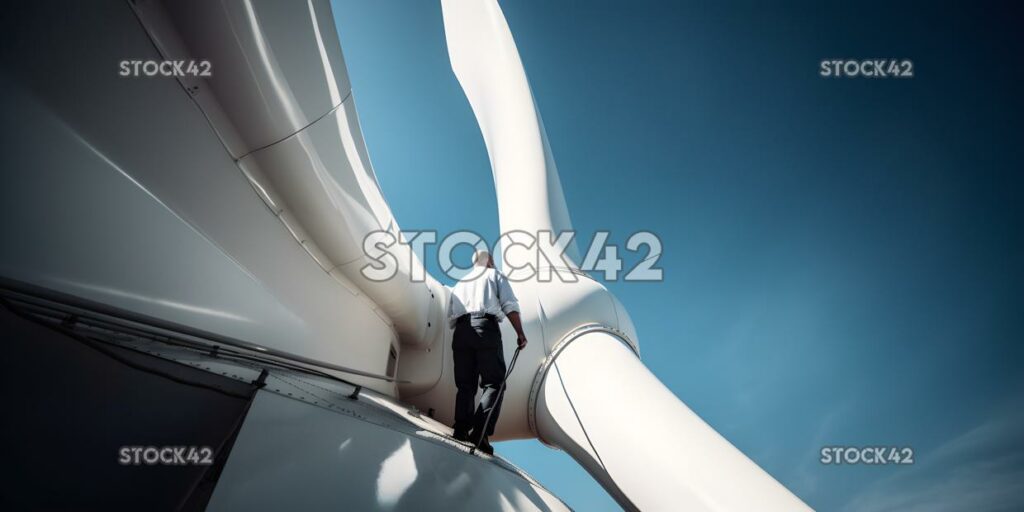 Eine Aufnahme einer Windkraftanlage einer Universität mit einem Techniker pro zwei