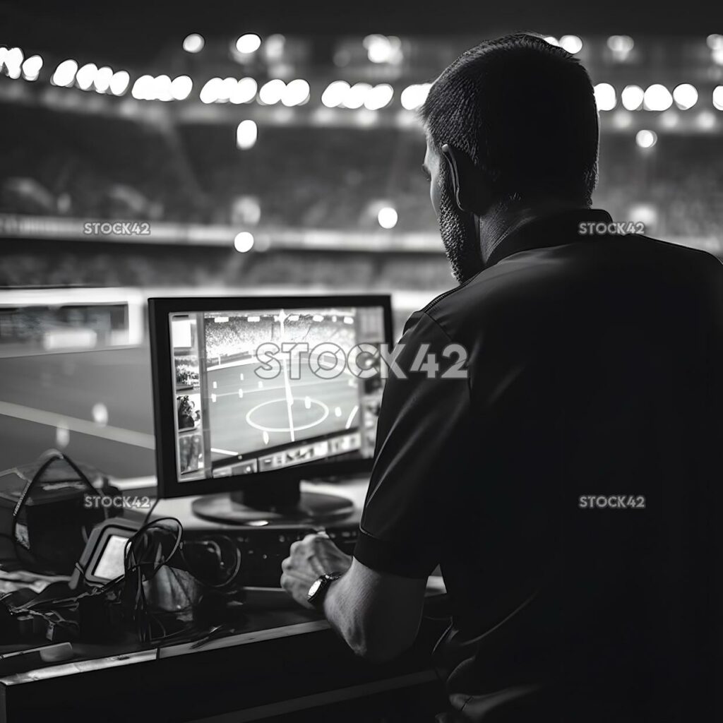 A shot of the referee checking the VAR monitor to review  one