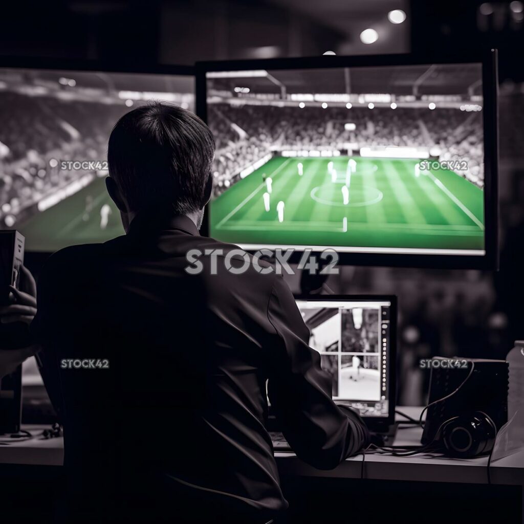 A shot of the referee checking the VAR monitor to review  two