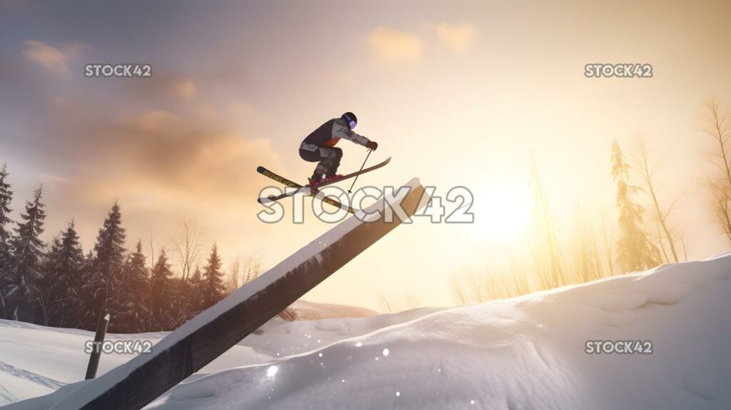 Ein Skifahrer, der von einer Rampe springt und einen Trick in der Luft vorführt