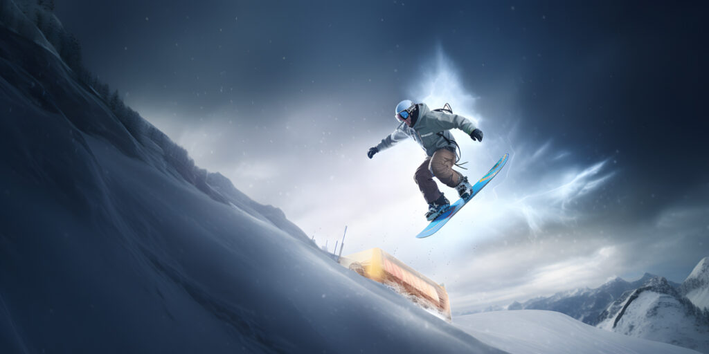 A skier jumping off a ramp and soaring through the air ag