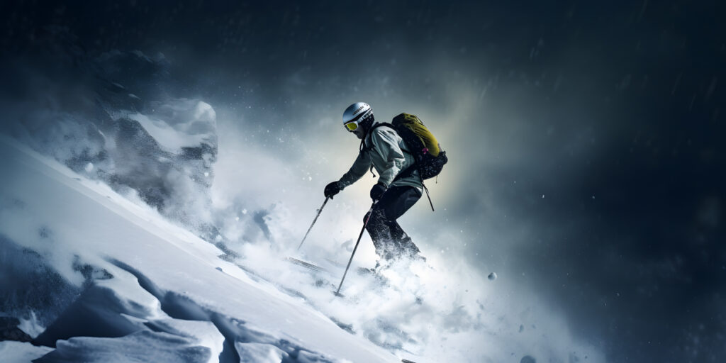 A skier making their way down a steep icy slope with pole