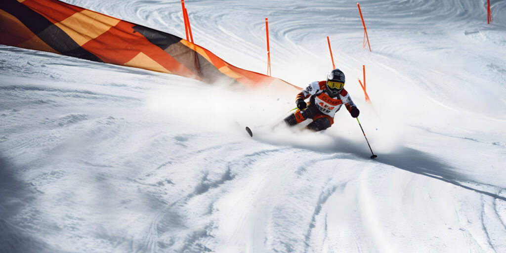 Ein Skifahrer, der eine Reihe von engen Kurven auf einem Slalom navigiert