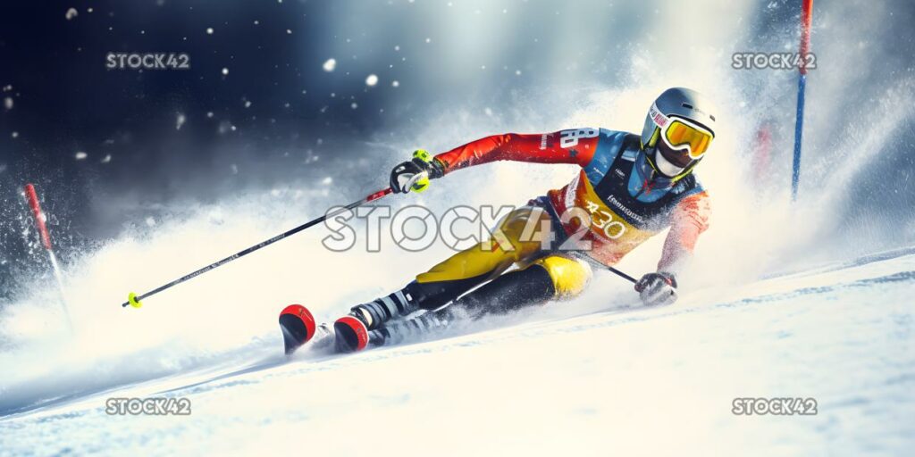 Ein Skifahrer, der auf einem Slalom eine Reihe von engen Kurven navigiert