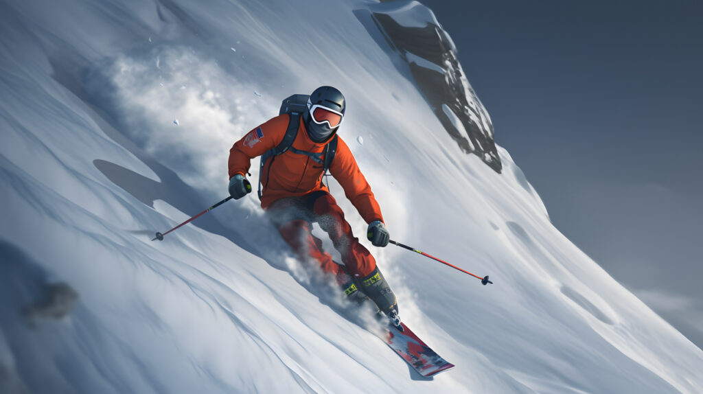 A skier racing down a steep mountain slope Hyper-realisti