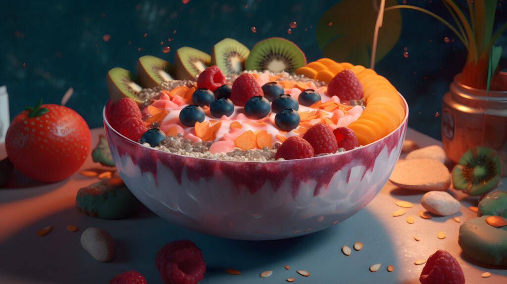 Un tazón de batido cubierto con granola de frutas frescas y un sp