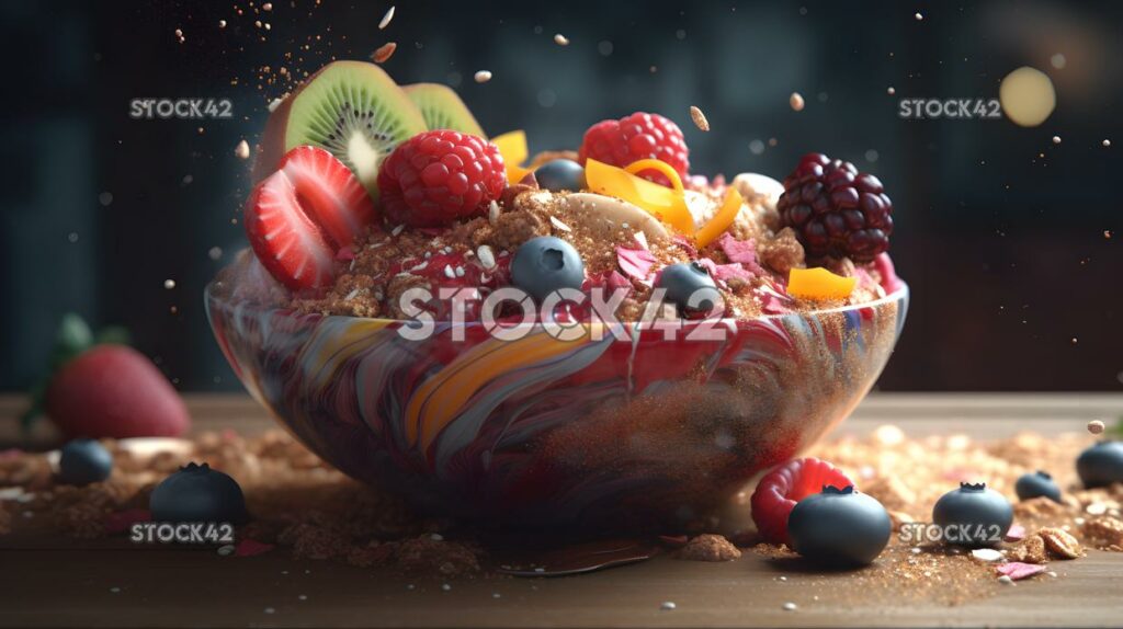 A smoothie bowl topped with granola fresh fruits and a sp one