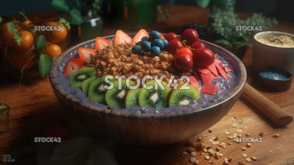 Un tazón de batido cubierto con granola de frutas frescas y un sp tres