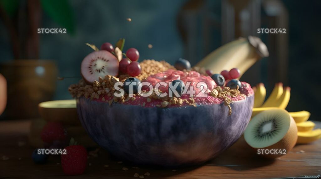 A smoothie bowl topped with granola fresh fruits and a sp two