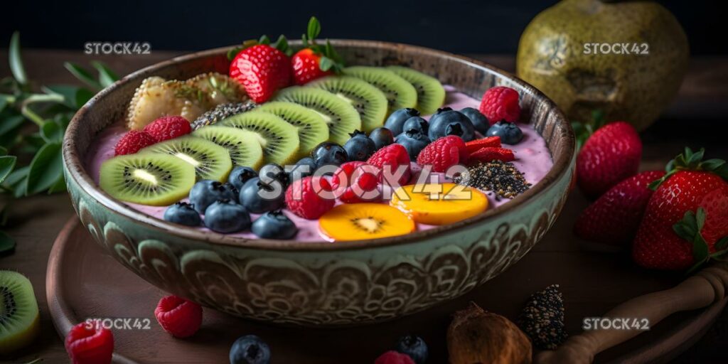 Un tazón de batido con frutas coloridas y semillas de chía en