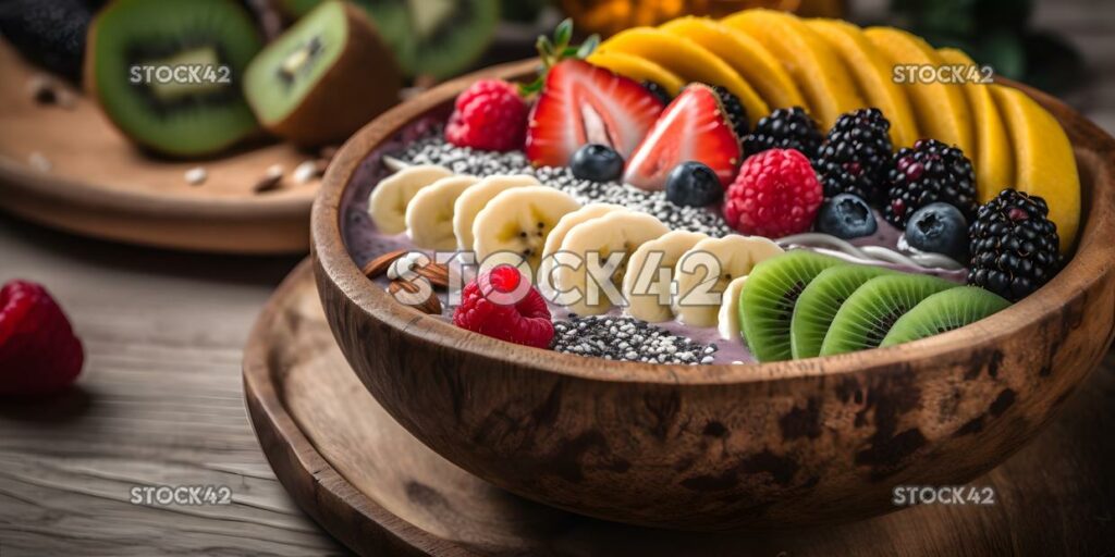 Eine Smoothie Bowl mit bunten Früchten und Chiasamen auf einem