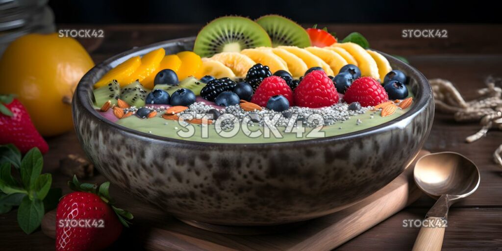 Eine Smoothie-Bowl mit bunten Früchten und Chiasamen auf drei