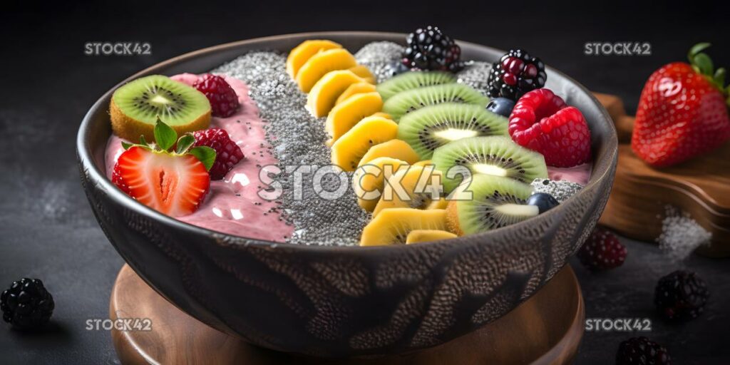 A smoothie bowl with colorful fruits and chia seeds on to two