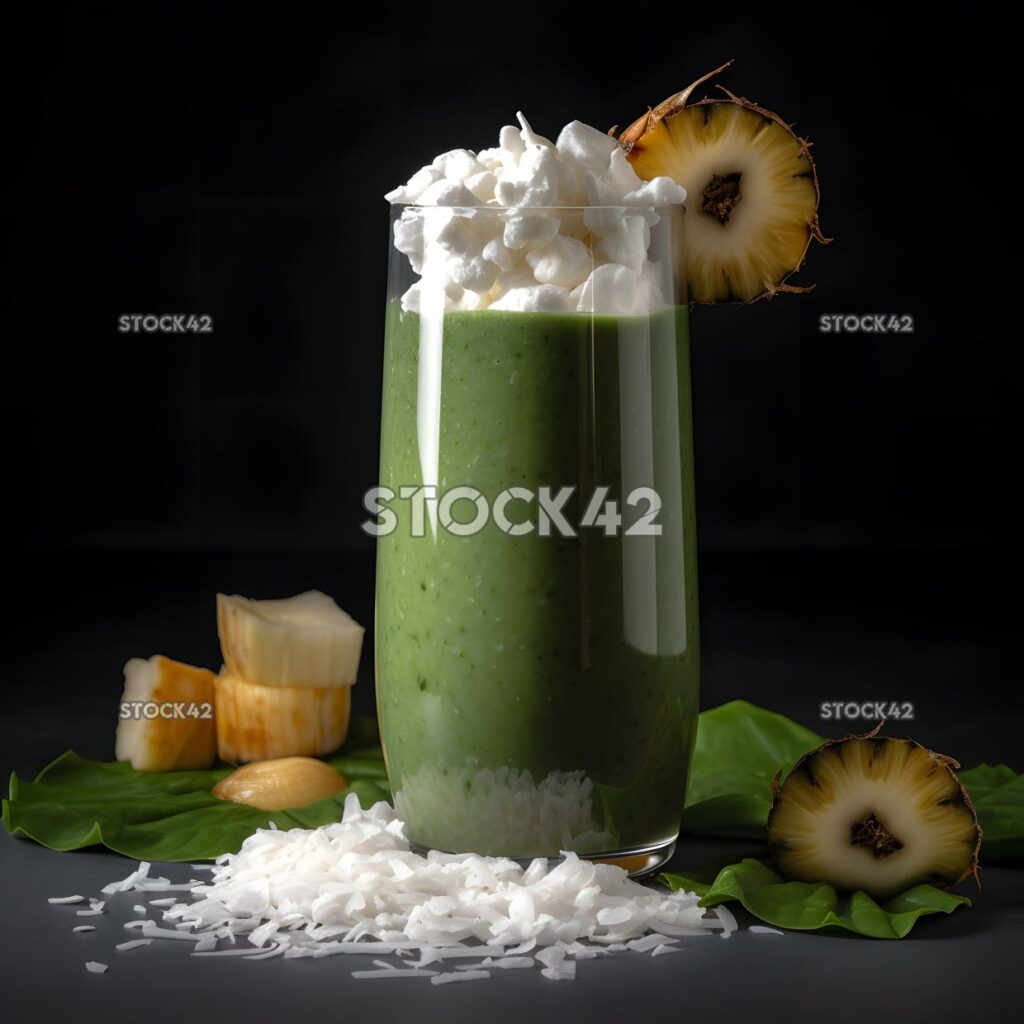 A smoothie with kale pineapple and banana topped with coc