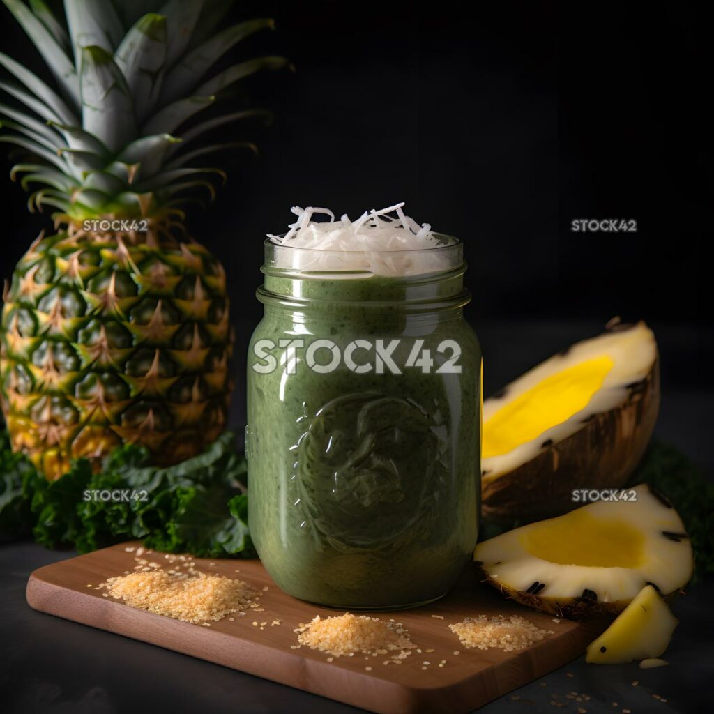 Ein Smoothie mit Grünkohl, Ananas und Banane, garniert mit Coc One