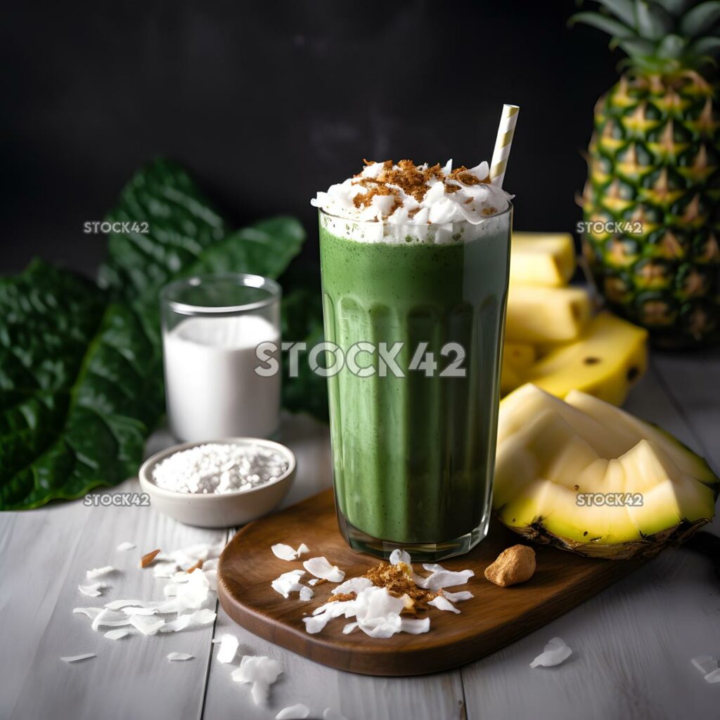 A smoothie with kale pineapple and banana topped with coc two