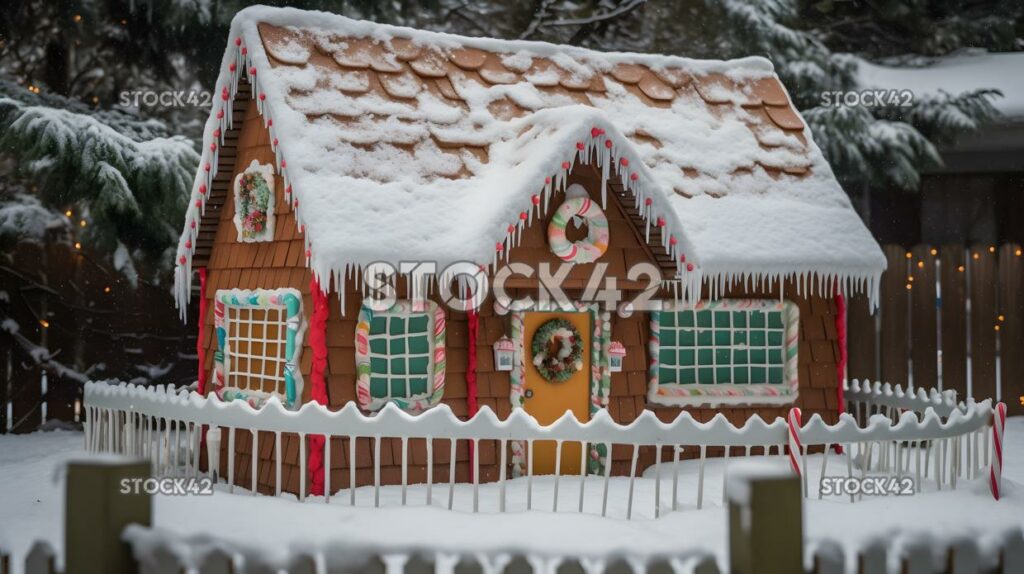 A snow-covered gingerbread house with a candy cane fence