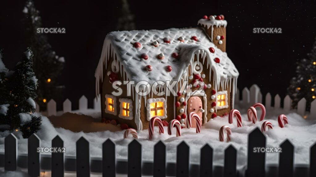 A snow-covered gingerbread house with a candy cane fence one