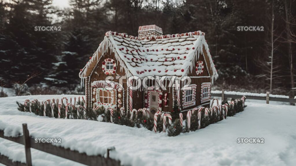 A snow-covered gingerbread house with a candy cane fence three