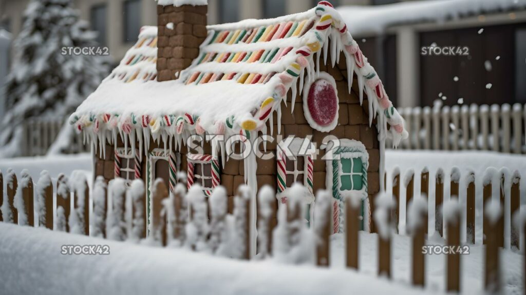 Ein schneebedecktes Lebkuchenhaus mit einem Zuckerstangenzaun zwei