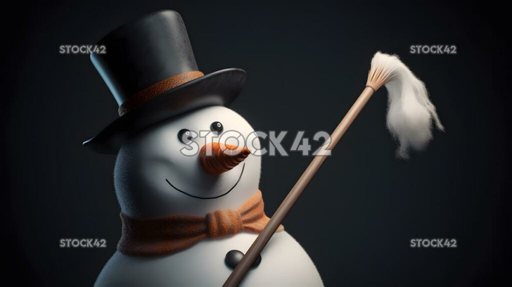 A snowman with a carrot nose and a top hat holding a broo