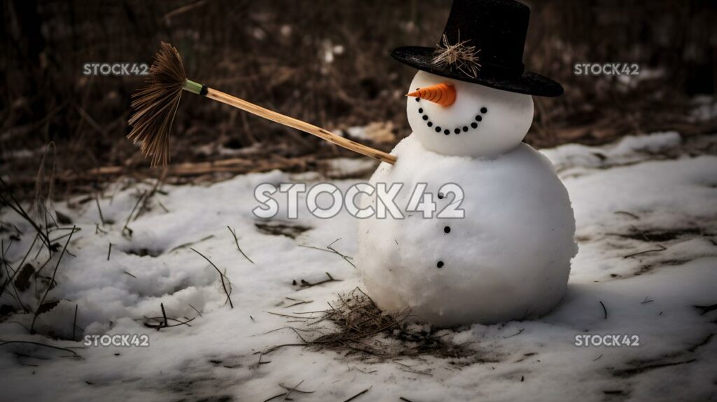 A snowman with a carrot nose and a top hat holding a broo one