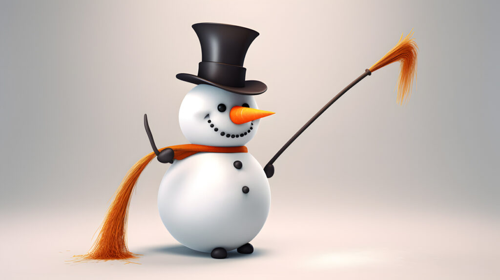 A snowman with a carrot nose and a top hat holding a broo three