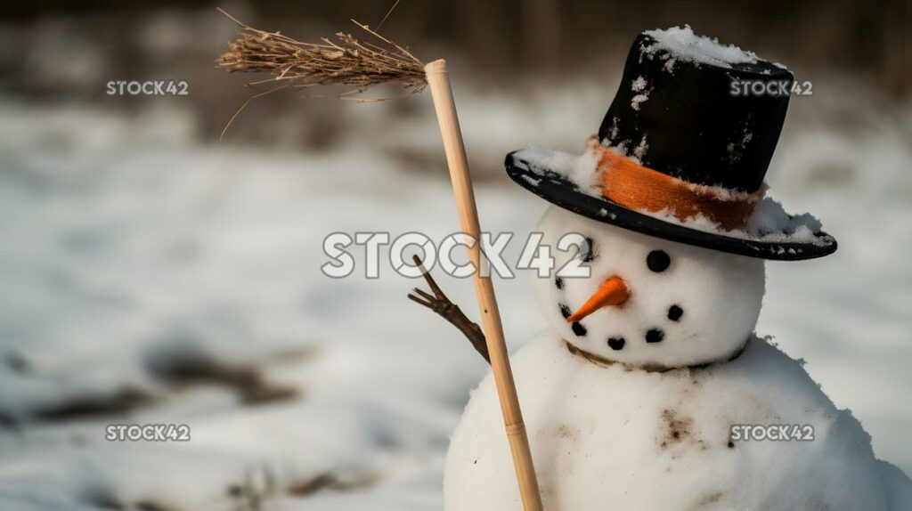 A snowman with a carrot nose and a top hat holding a broo two