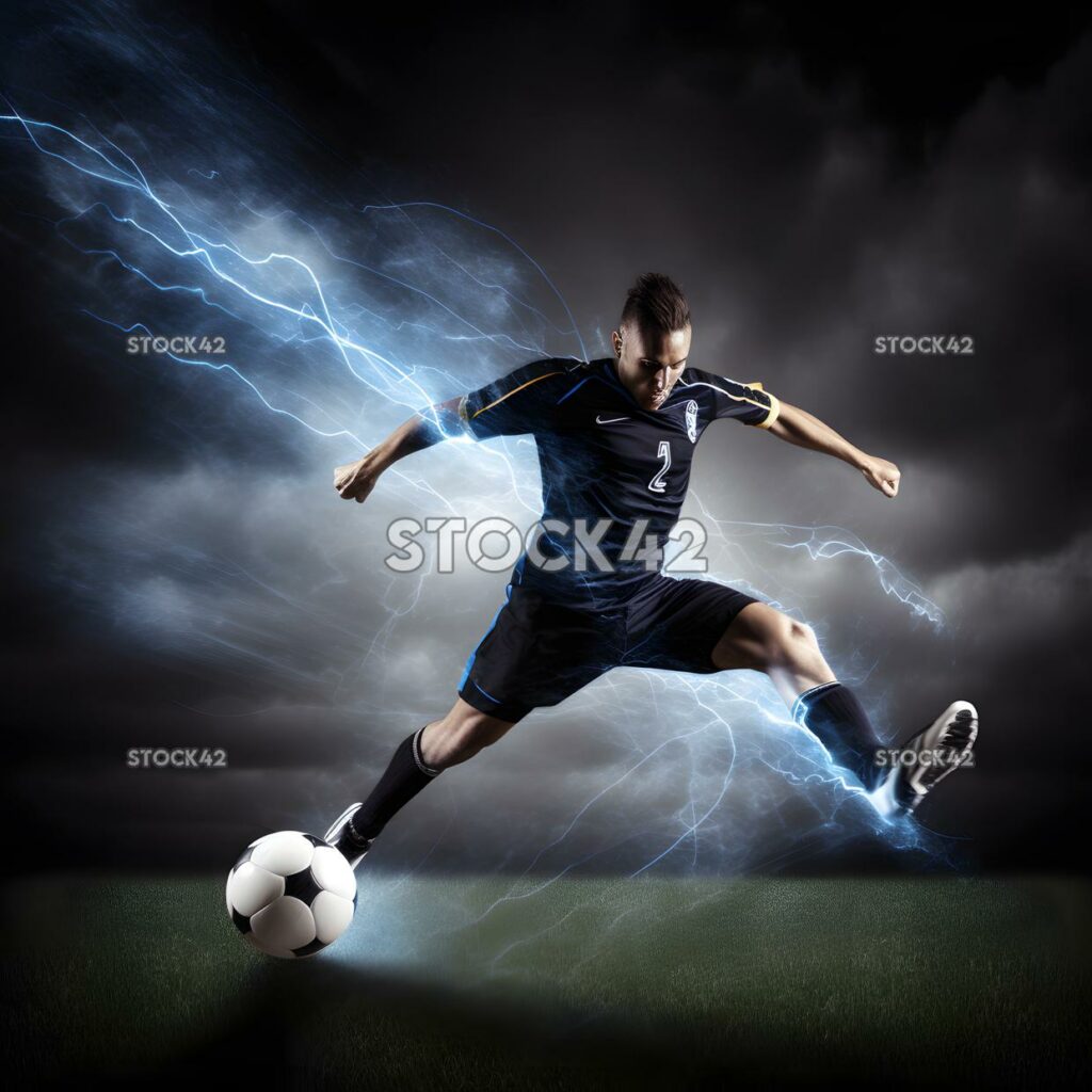 A soccer player kicking a ball into the goal dynamic ligh