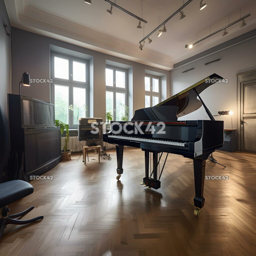 A spacious and well-equipped music studio with a grand pi