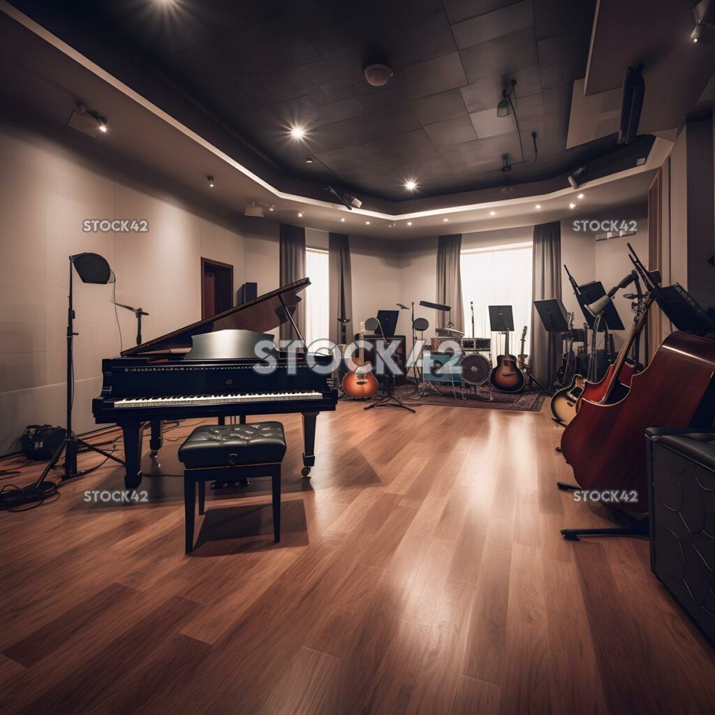 A spacious and well-equipped music studio with a grand pi one