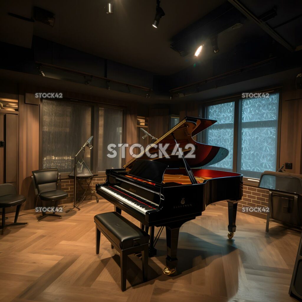 A spacious and well-equipped music studio with a grand pi two