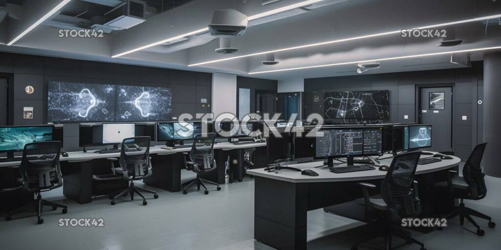 A spacious and well-lit computer lab with large monitors_