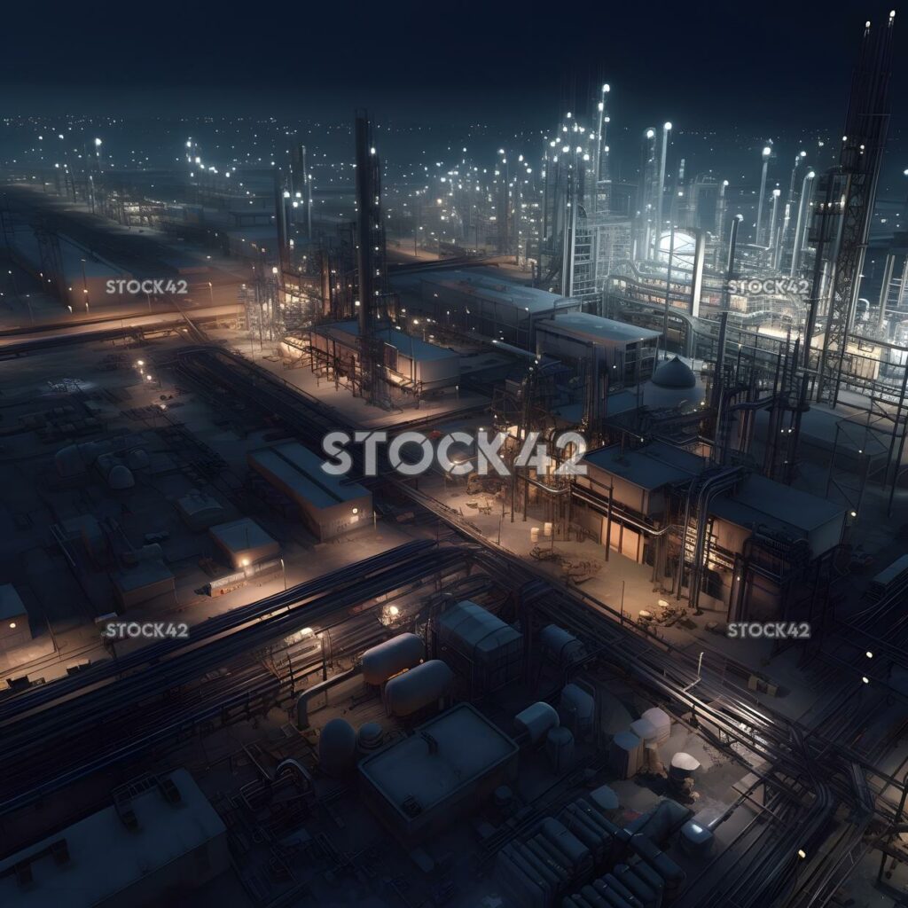 Ein ausgedehnter Industriekomplex bei Nacht mit vielen Lichtern_