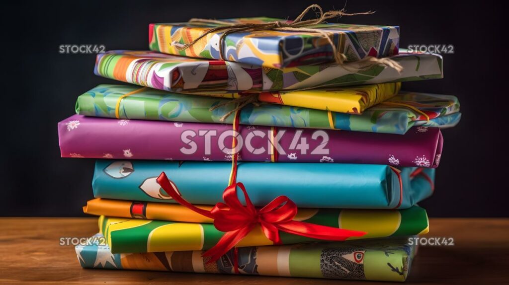 A stack of Christmas presents wrapped in colorful paper