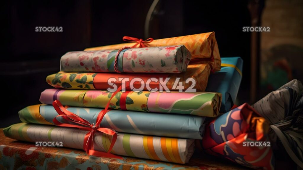 A stack of Christmas presents wrapped in colorful paper one