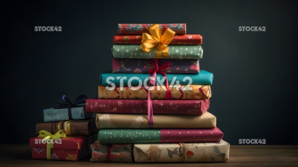 A stack of Christmas presents wrapped in colorful paper three