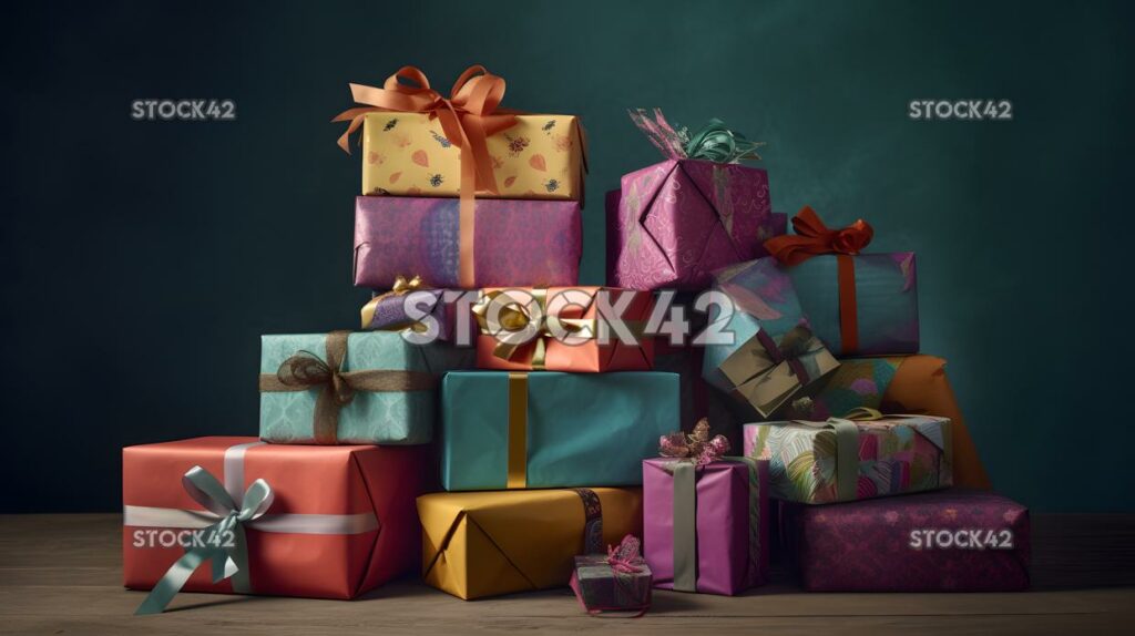 A stack of Christmas presents wrapped in colorful paper two