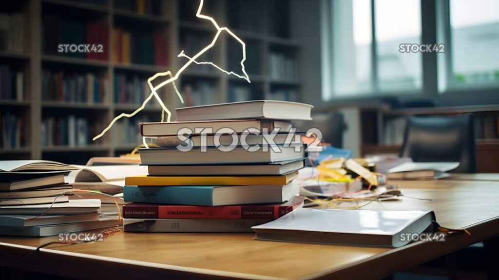 A stack of books and magazines on a table in a library dy