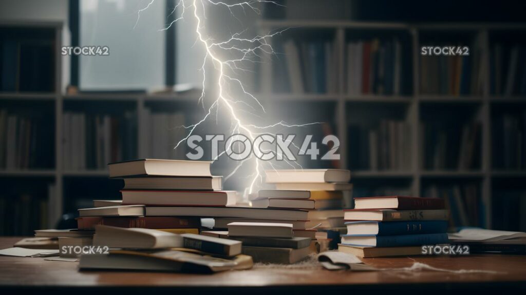 A stack of books and magazines on a table in a library dy one