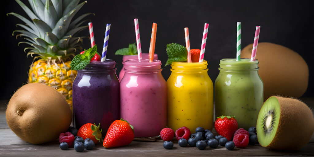 A stack of colorful fruit smoothies with straws and fruit