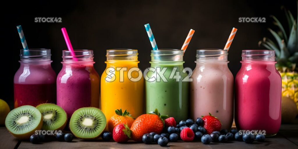 A stack of colorful fruit smoothies with straws and fruit one