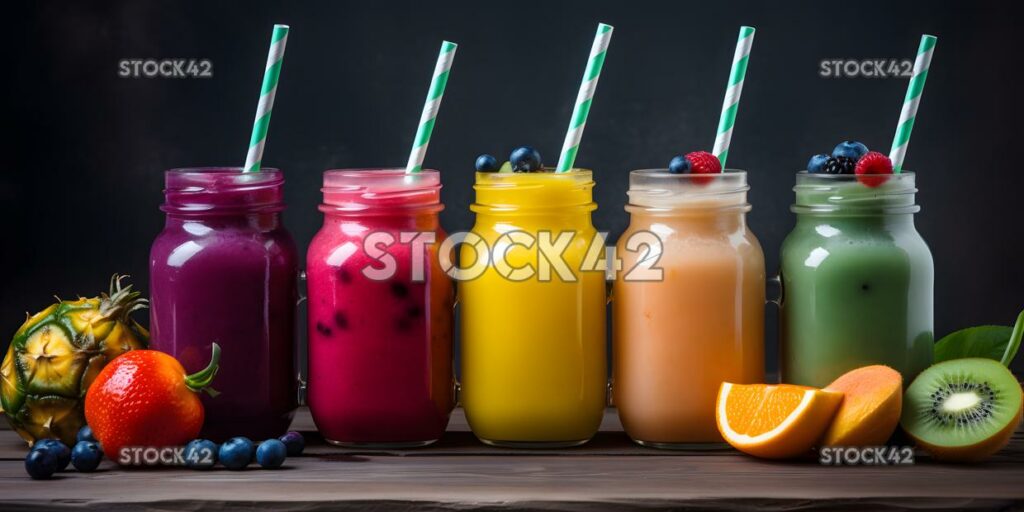 Ein Stapel bunter Frucht-Smoothies mit Strohhalmen und Früchten drei