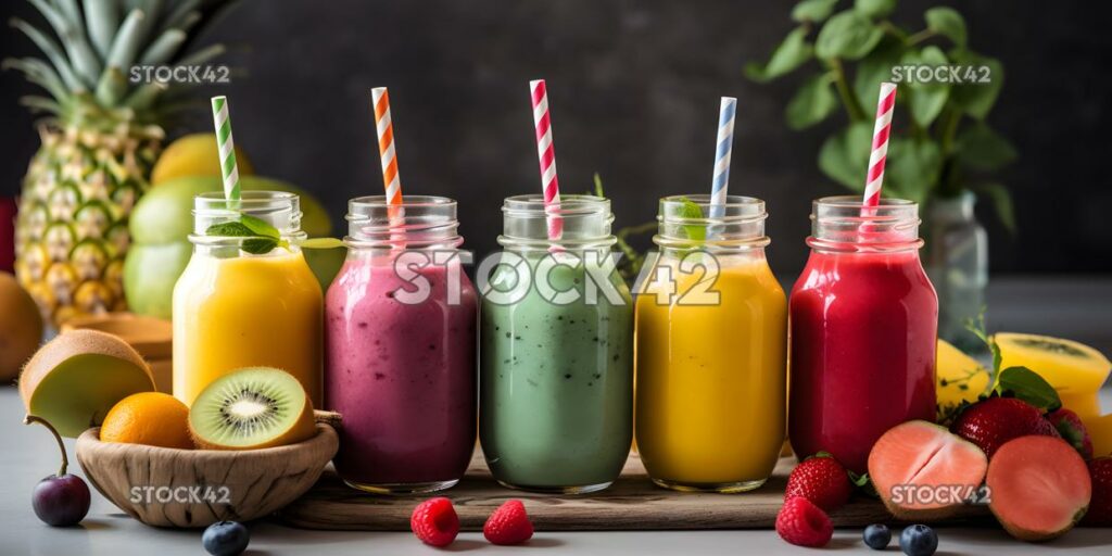 A stack of colorful fruit smoothies with straws and fruit two